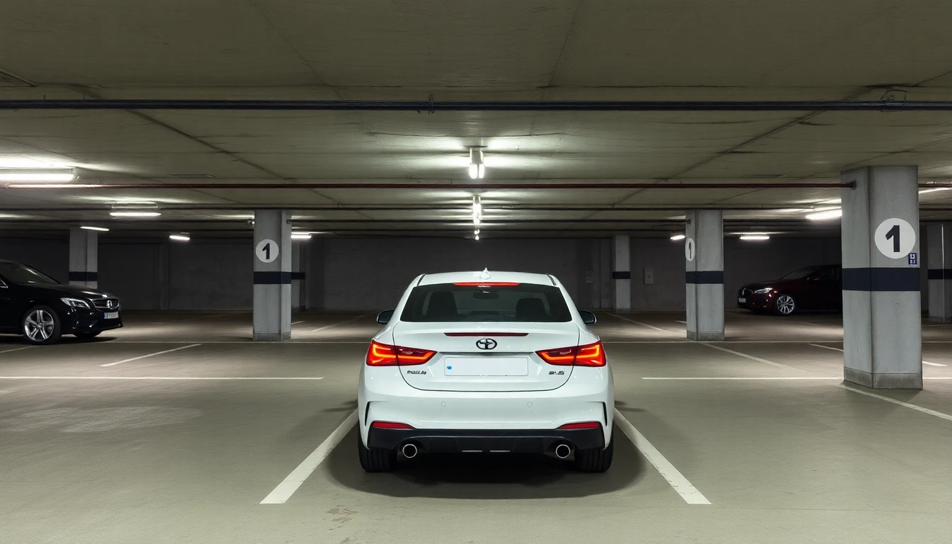 Vue arrière d'une voiture blanche garée dans un parking souterrain éclairé Vue arrière d'une voiture blanche garée dans un parking souterrain éclairé