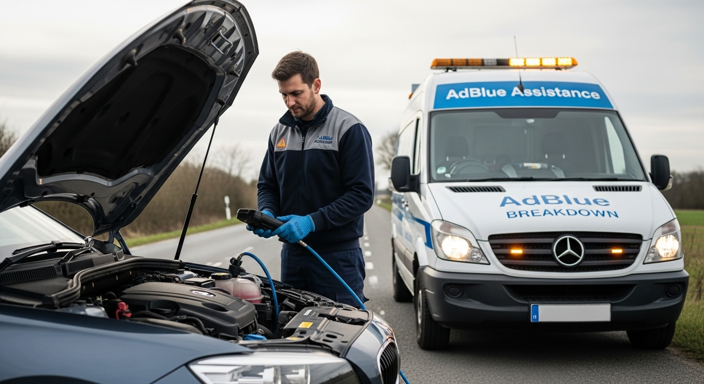 Photo professionnelle haute qualite de panne adblue dépannage voiture, eclairage naturel, style edit