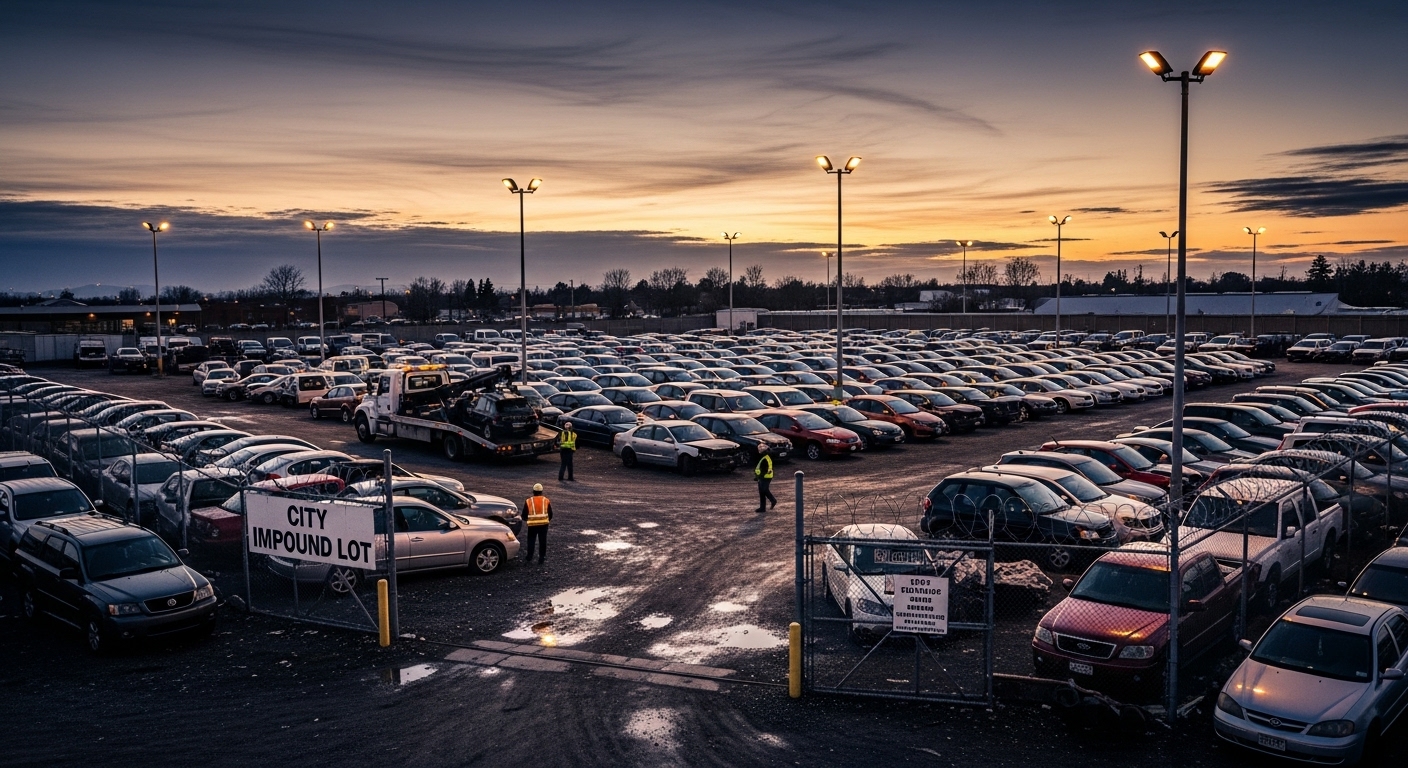 Fourrière municipale remplie de voitures avec une dépanneuse et des agents en gilets réfléchissants.