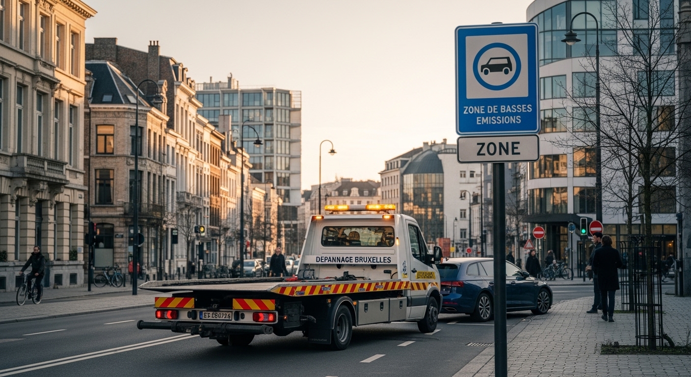 Dépanneuse blanche circulant dans une rue de Bruxelles près d'un panneau LEZ.