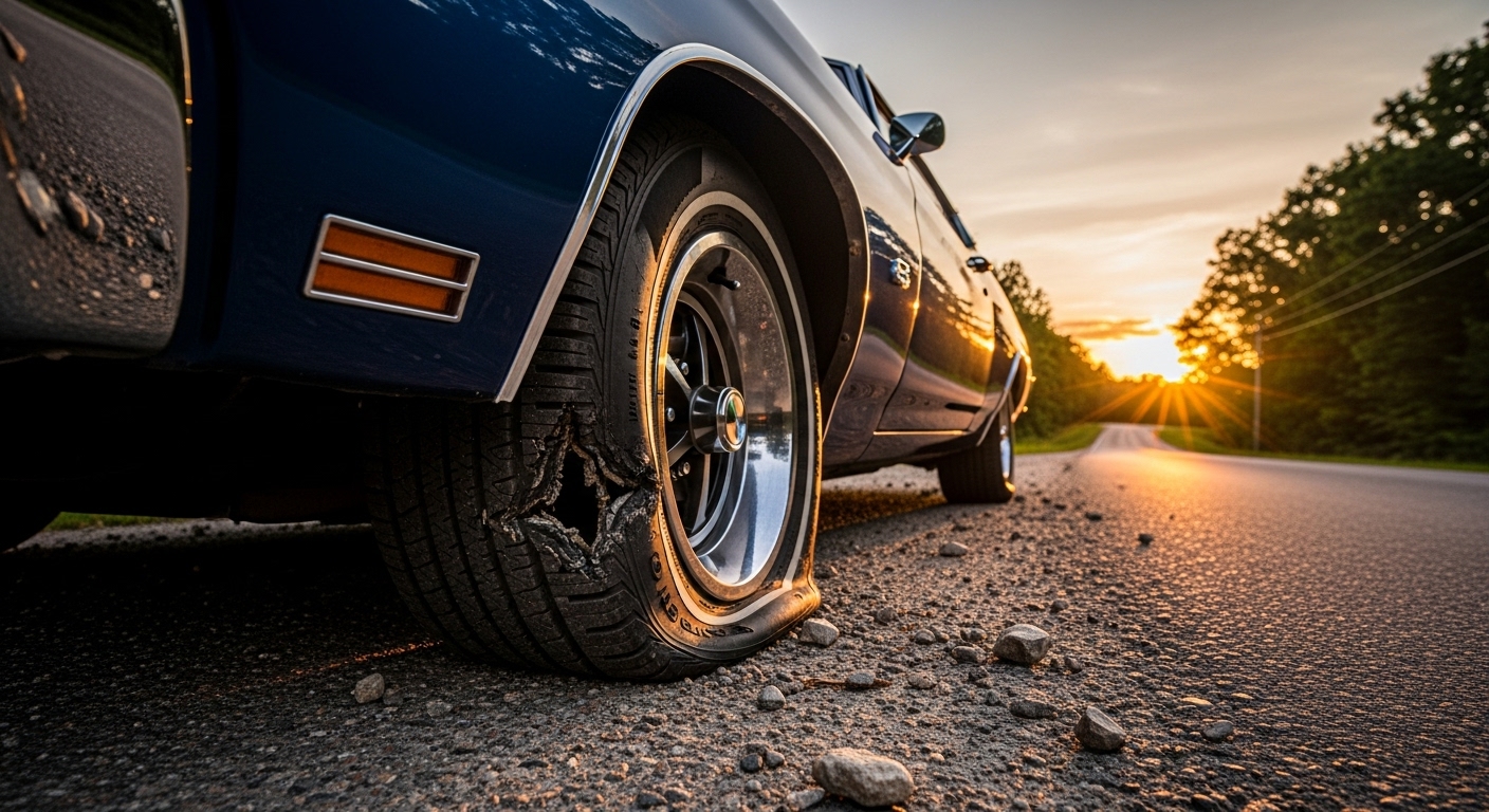 Voiture classique bleue avec un pneu avant déchiré sur le bord d'une route au coucher du soleil.