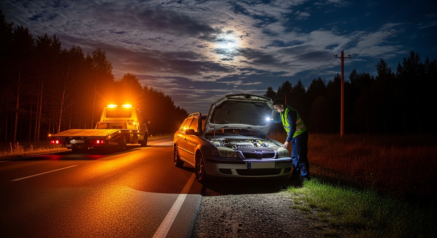 Dépanneur en gilet jaune inspectant le moteur d'une voiture en panne la nuit sur une route.