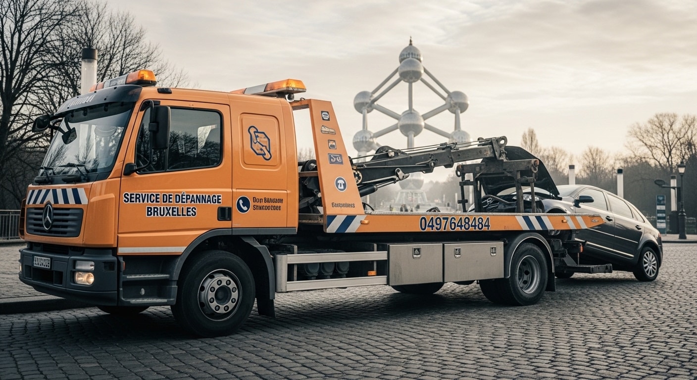 Dépanneuse orange Mercedes transportant une voiture devant l'Atomium à Bruxelles.