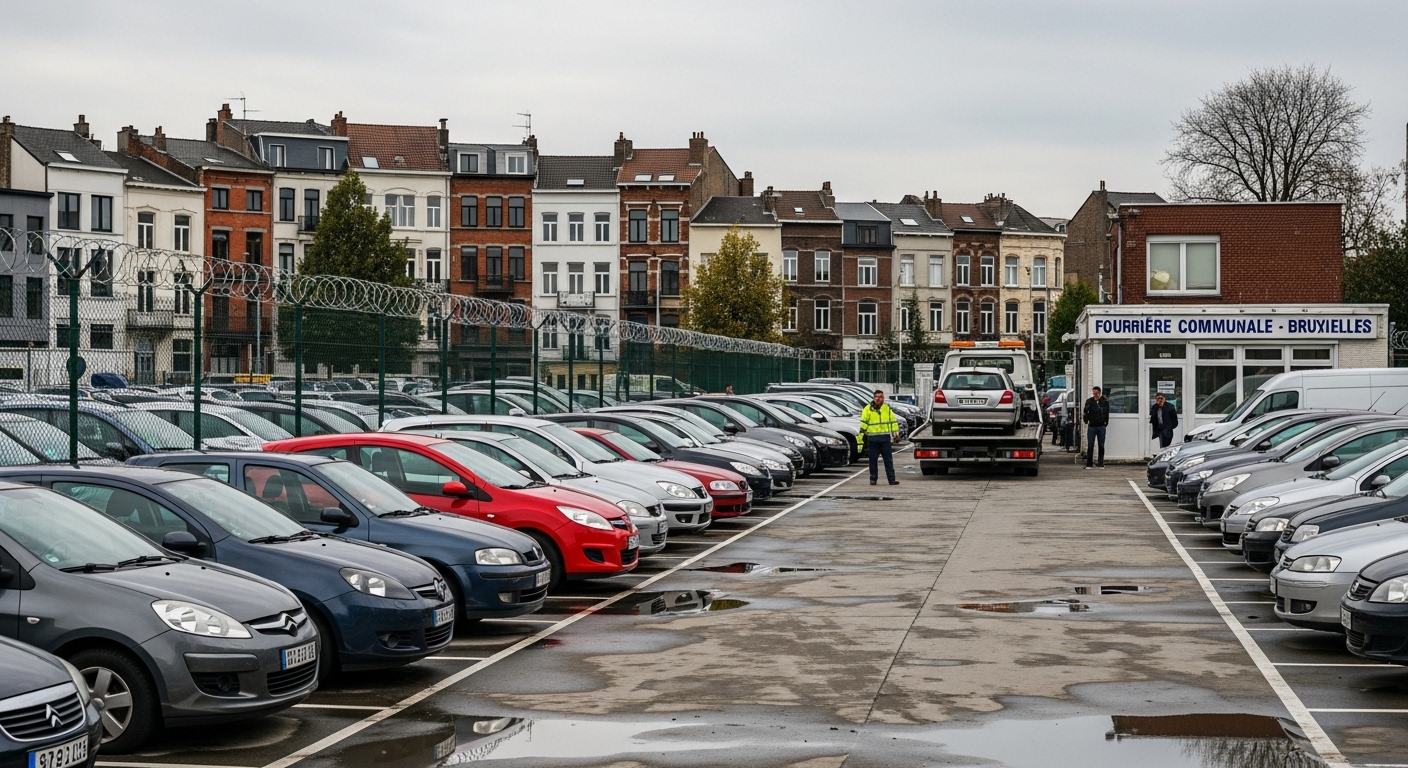 Parking de la fourrière de Bruxelles avec de nombreuses voitures et une dépanneuse en action.