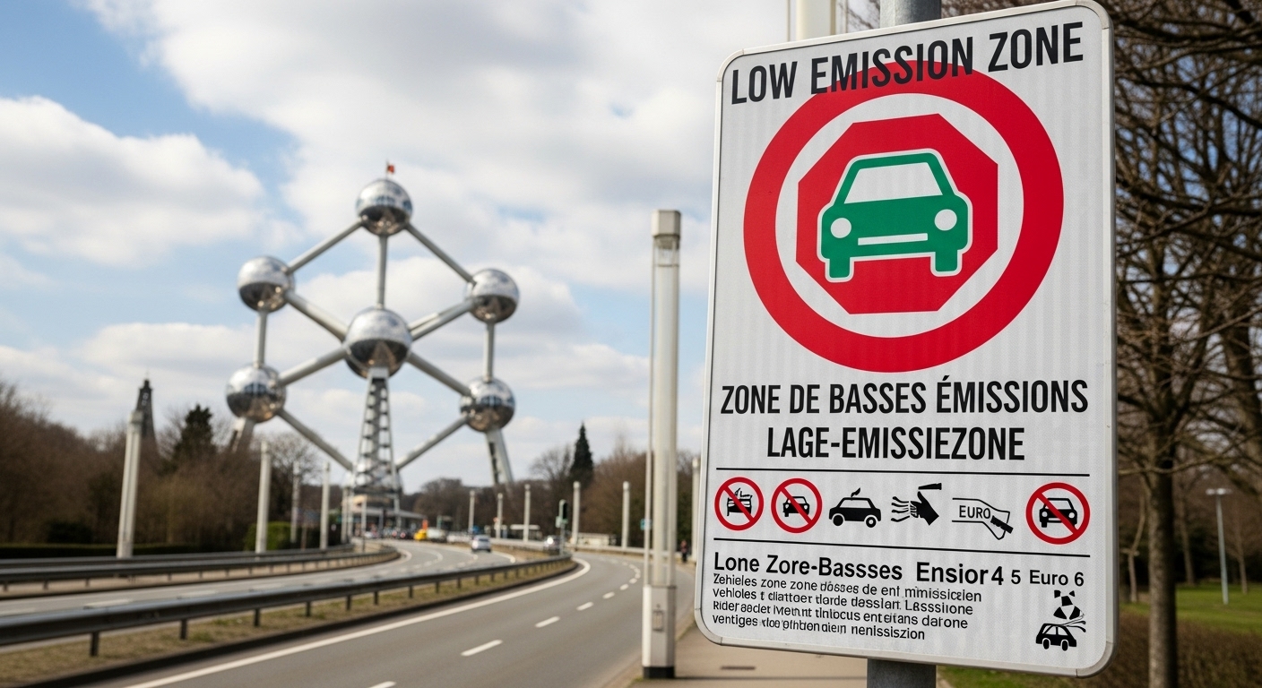 Panneau routier Low Emission Zone devant l'Atomium à Bruxelles par temps clair.