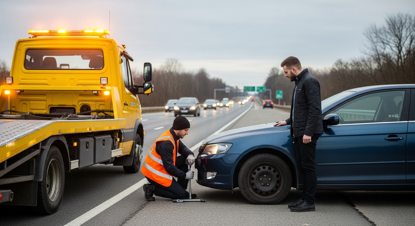 Dépanneur en gilet orange changeant la roue d'une voiture bleue sur le bord d'une route.