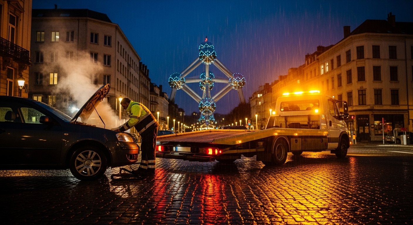 Dépanneur inspectant une voiture fumante la nuit à Bruxelles, avec l'Atomium en arrière-plan.
