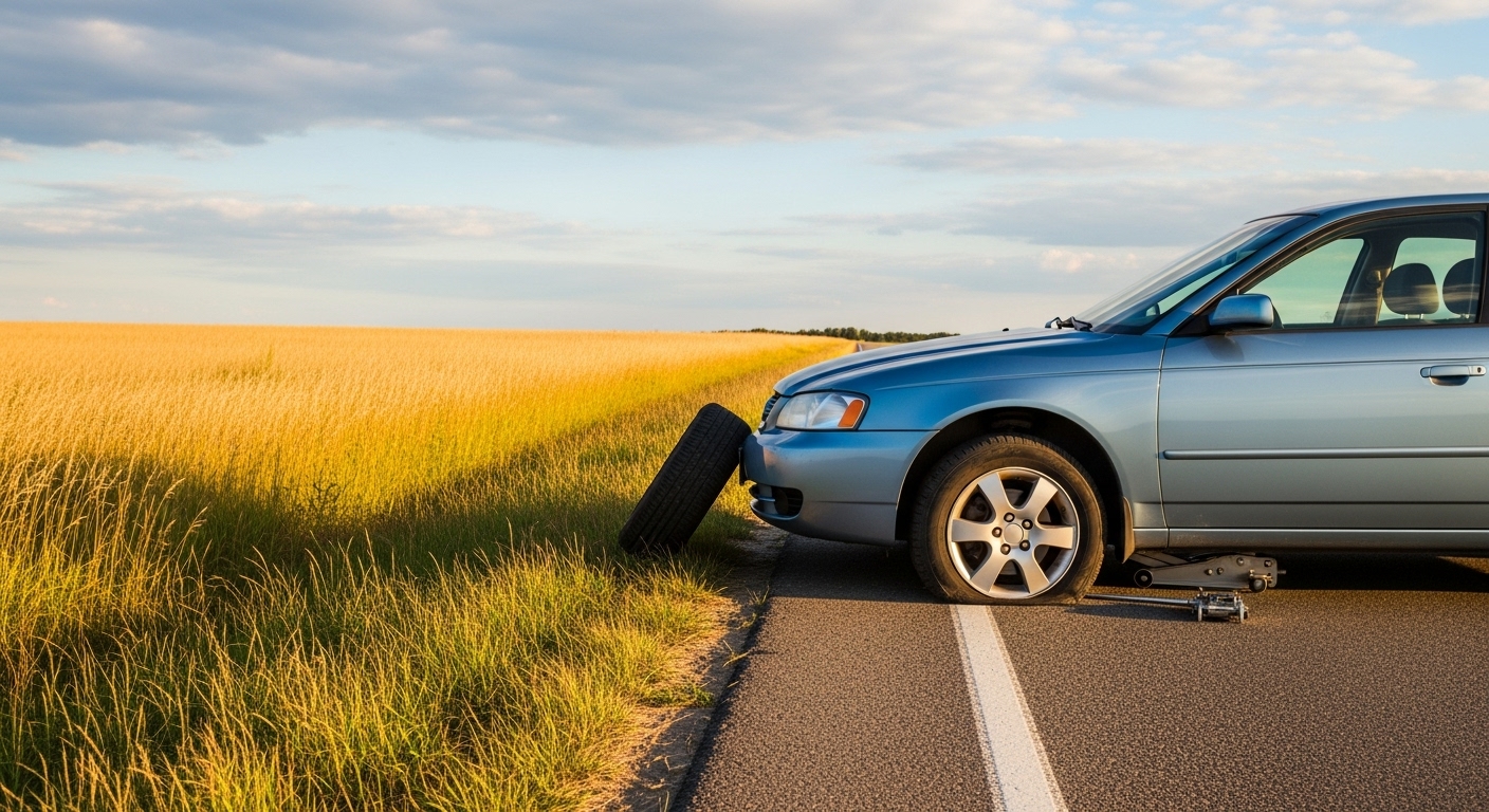 Voiture bleue avec un pneu crevé, soulevée par un cric au bord d'une route.