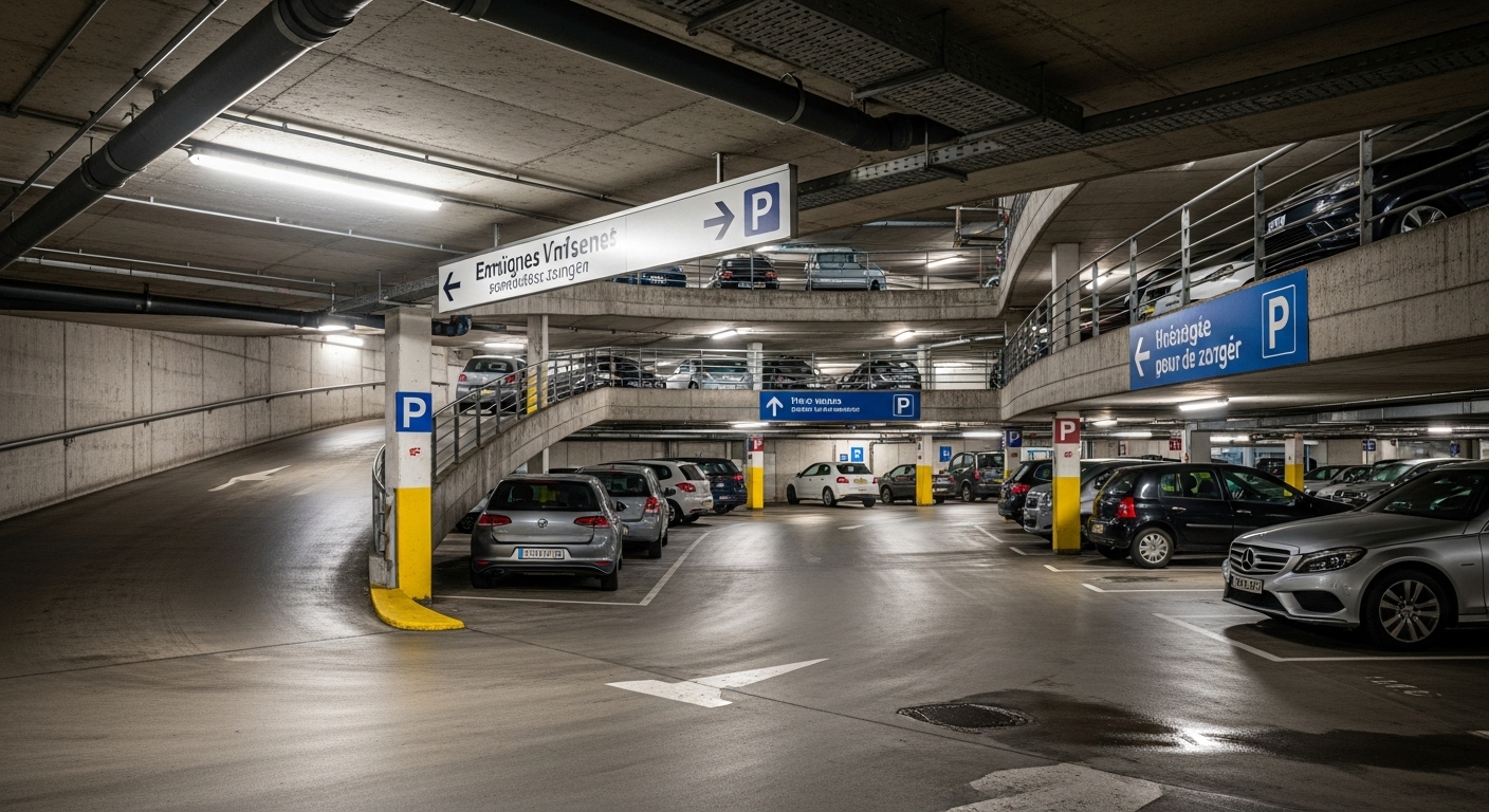 Intérieur d'un parking souterrain éclairé avec plusieurs niveaux et voitures garées. Intérieur d'un parking souterrain éclairé avec plusieurs niveaux et voitures garées.