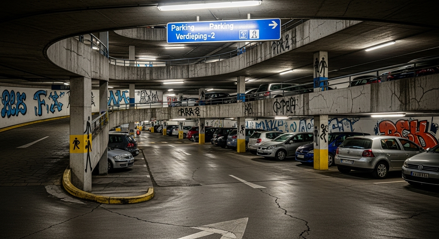 Parking souterrain à plusieurs niveaux avec voitures garées et murs couverts de graffitis. Parking souterrain à plusieurs niveaux avec voitures garées et murs couverts de graffitis.
