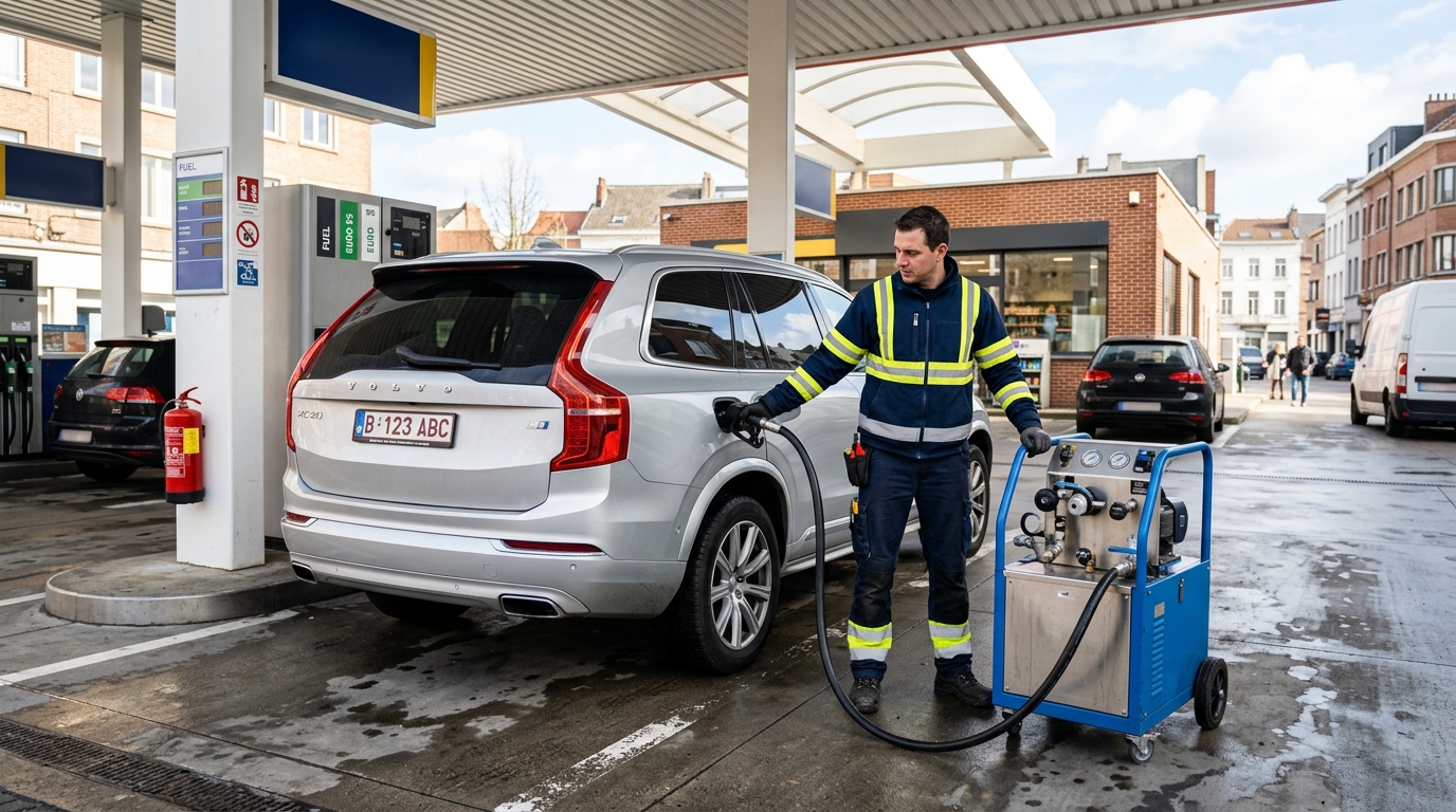 Technicien professionnel effectuant une vidange de réservoir sur place à Bruxelles après une erreur de carburant.