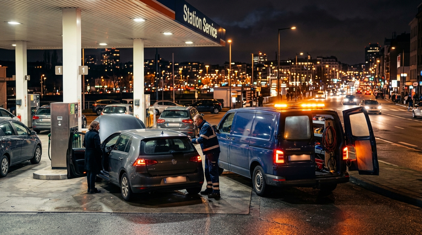 Intervention de nuit pour siphonnage de réservoir à Bruxelles, service de dépannage carburant 24h/24.