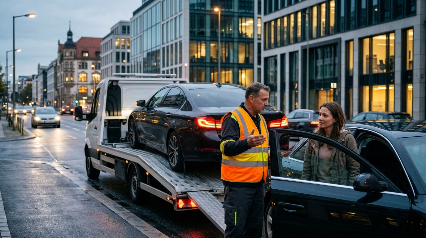 Un dépanneur professionnel rassure un conducteur anglophone lors d'un remorquage auto de nuit dans le centre de Bruxelles.